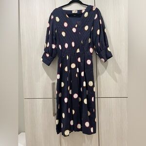 VINTAGE Fine Feathers |  Midi Dress with Puff Sleeves | Navy Blue Polka Dot | 12